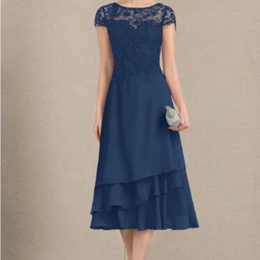 JJ’s House Formal Blue Tiered A-Line Midi Dress with Cap Sleeves